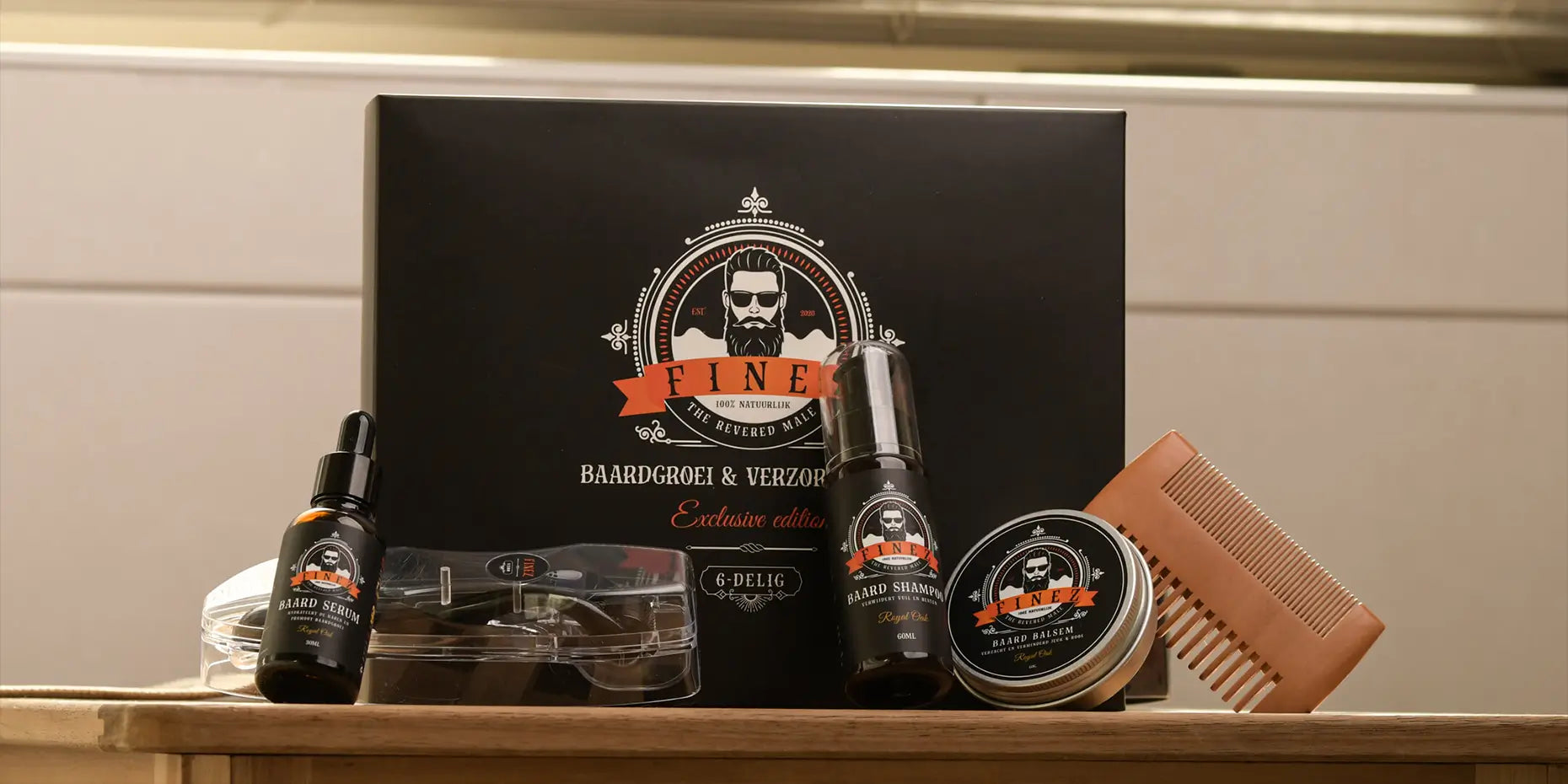 Finez Exclusive Edition Baardgroei kit in een badkamer sfeer